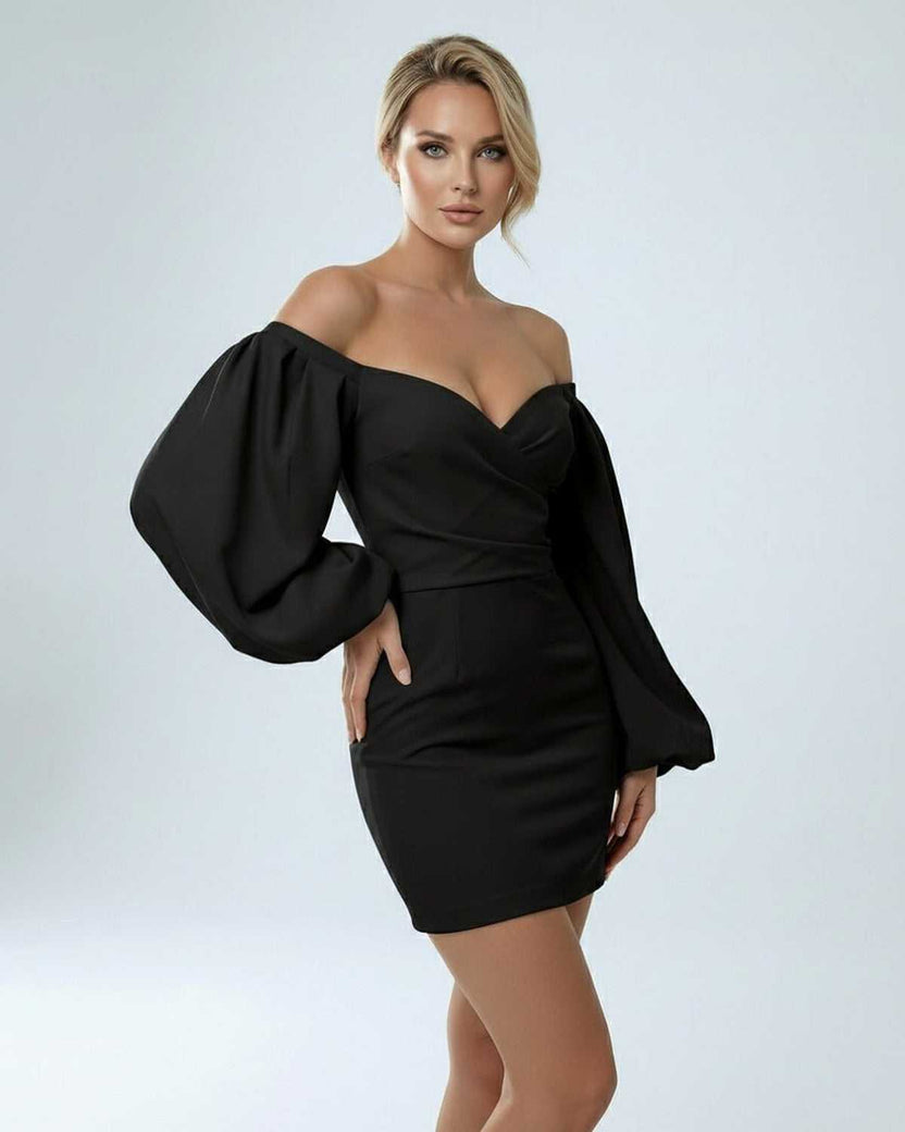 Onyx Mini Dress by Lauven - Off-Shoulder Puff Sleeve Satin Sheath Dress in Black