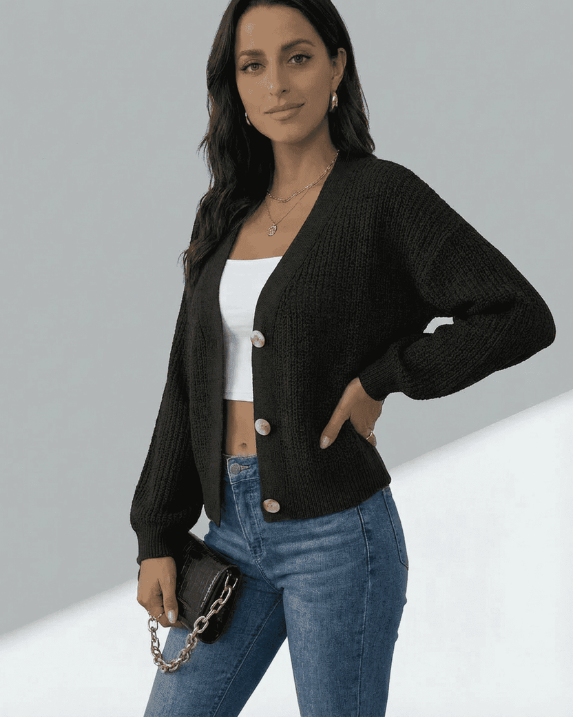 Orion Cardigan by Lauven in black, a stylish V-neck knitwear with buttons, perfect for layering.