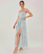 Orion Midi Dress by Lauven - Elegant strapless dress with slit, ideal for summer evenings and special events.