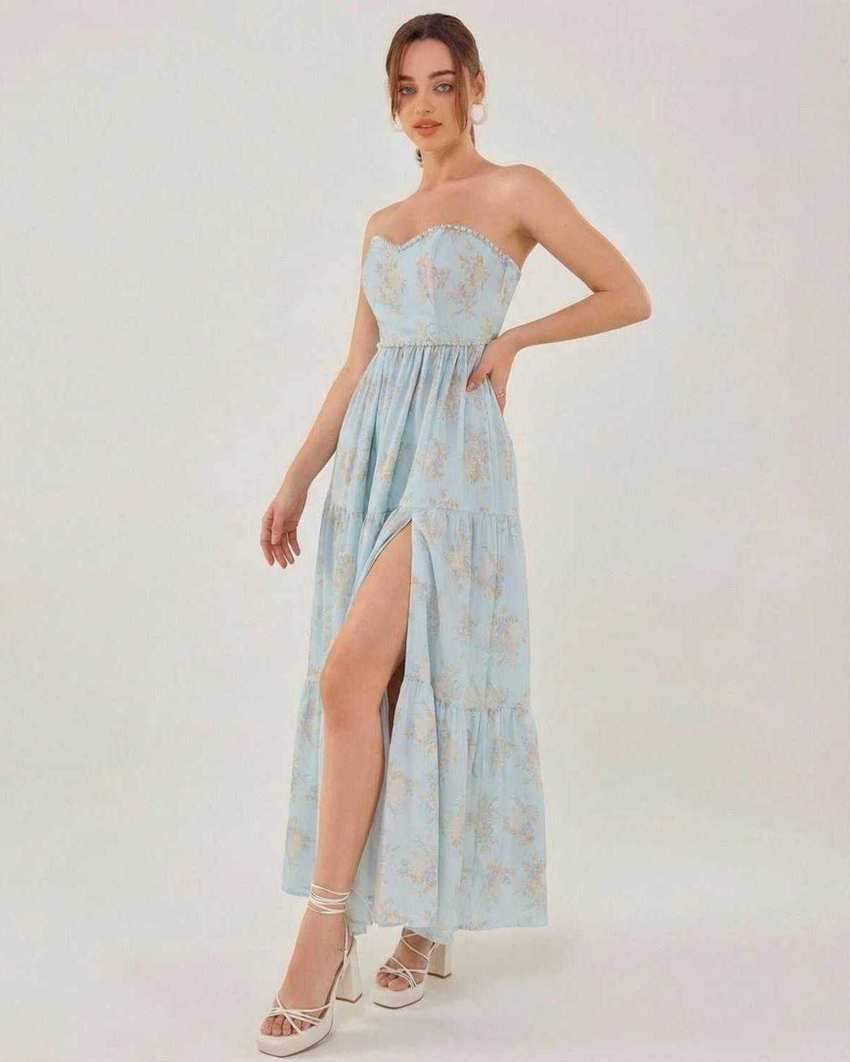 Orion Midi Dress by Lauven - Elegant strapless dress with slit, ideal for summer evenings and special events.