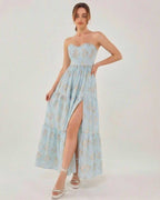 Orion Midi Dress by Lauven, elegant strapless dress with a daring slit, perfect for summer evening events.