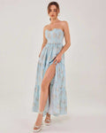 Orion Midi Dress by Lauven, elegant strapless dress with a daring slit, perfect for summer evenings.