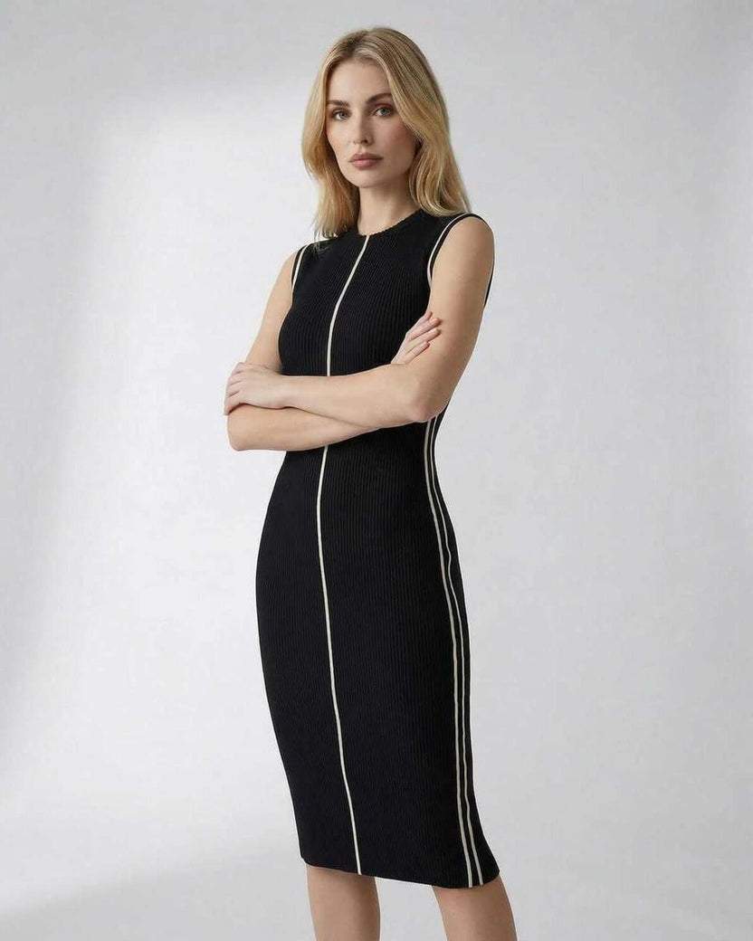 Orion Midi Dress – Sleeveless elegant work midi dress by Lauven in ribbed knit, showcasing a sleek silhouette.