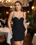 Orion Mini Dress by Lauven - Elegant black sheath mini dress with crystal straps, V-neckline, and structured bodice.