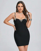 Orion Mini Dress by Lauven featuring a crystal strap black mini dress with a sleek sheath silhouette.