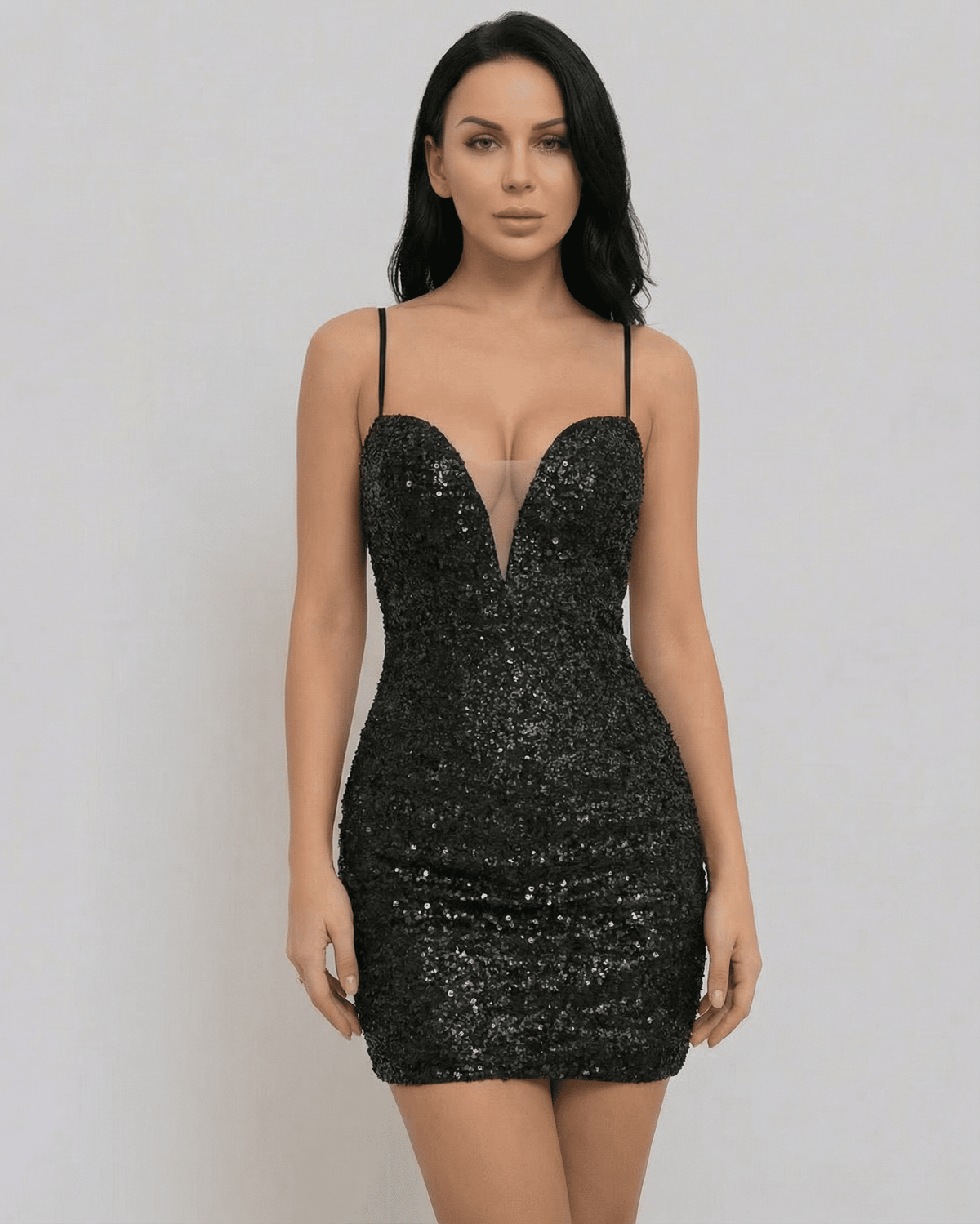Orion Mini Dress by Lauven - Black sequin V-neck mini dress showcasing a chic silhouette.