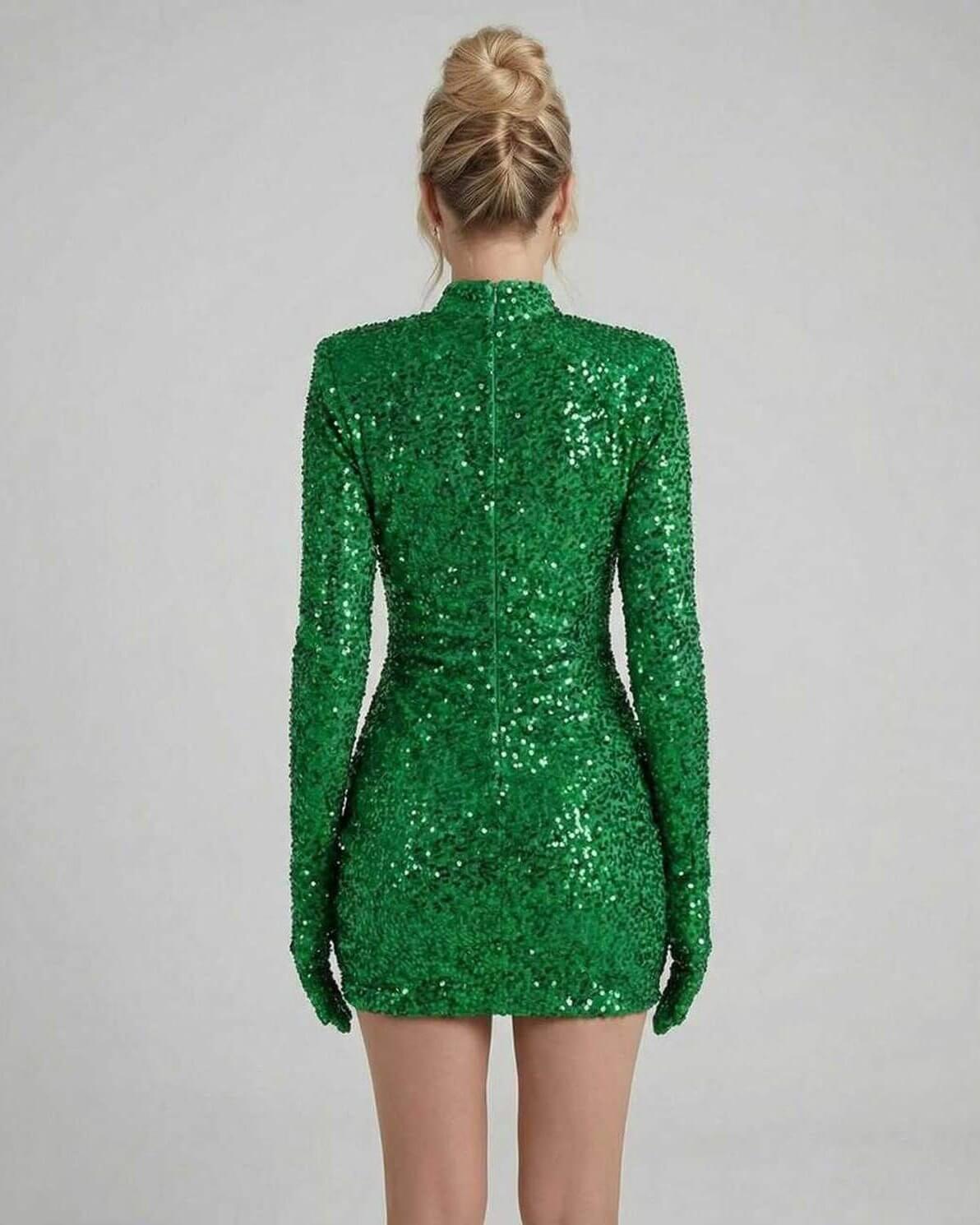 Orion Mini Dress in Luxe Emerald Green Sequins by Lauven, showcasing a fitted silhouette with full-length sleeves.