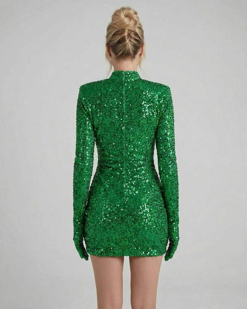 Orion Mini Dress in Luxe Emerald Green Sequins by Lauven, showcasing a fitted silhouette with full-length sleeves.