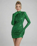 Orion Mini Dress in luxe emerald green sequins by Lauven, featuring a fitted silhouette and high neckline.