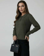 Orion Sweater by Lauven - Women's Olive Green Knit Sweater with Collared Long Sleeves