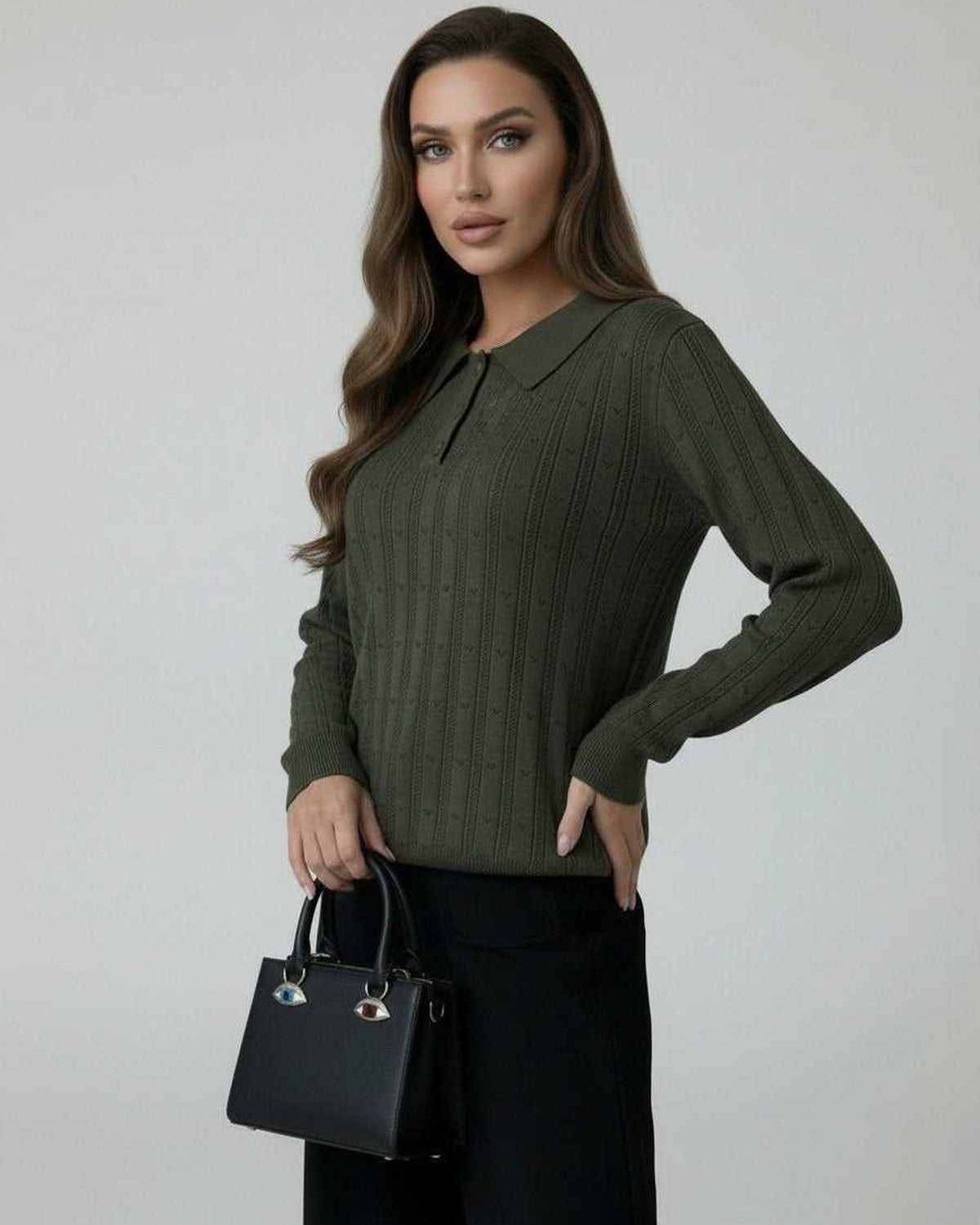 Orion Sweater by Lauven - Women's Olive Green Knit Sweater with Collared Long Sleeves