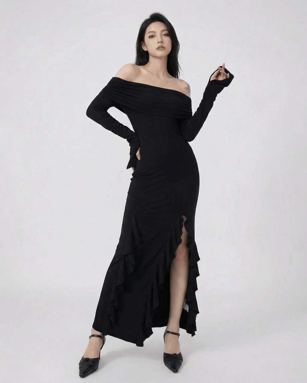 Raven Maxi Dress by Lauven - Off-Shoulder Asymmetrical Ruffle Dress with Flare Sleeves in black.