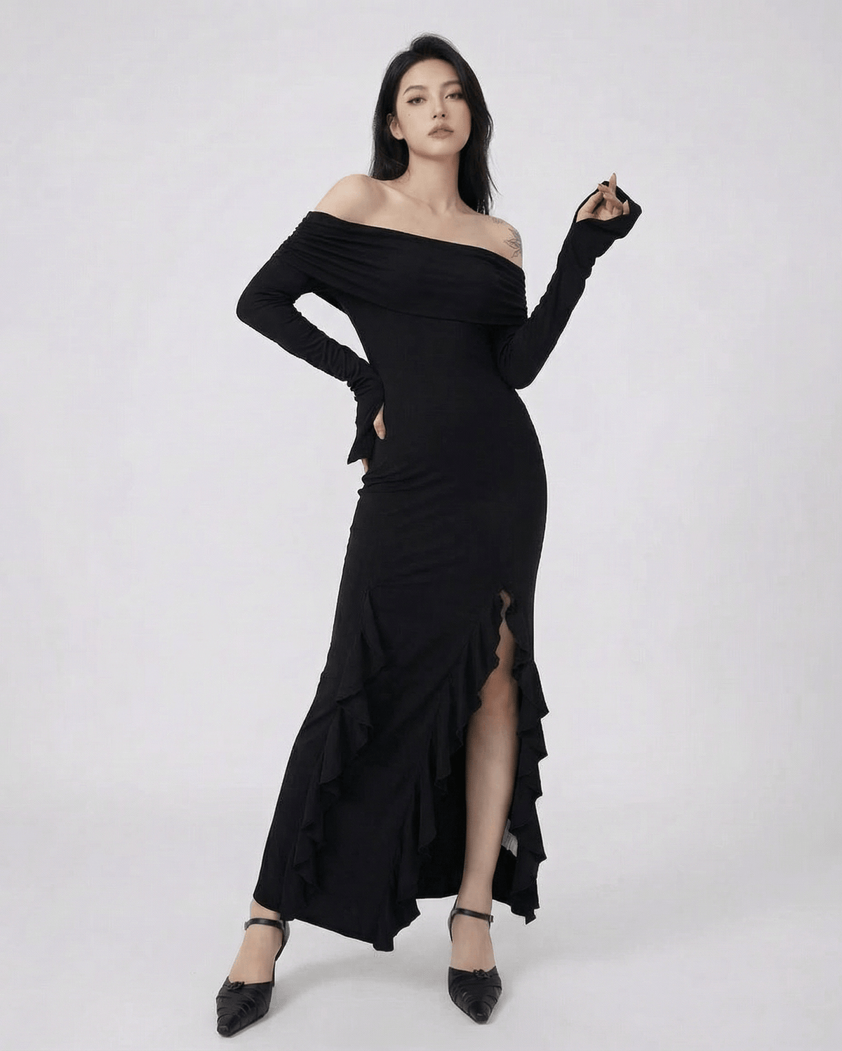 Raven Maxi Dress by Lauven - Off-Shoulder Asymmetrical Ruffle Dress with Flare Sleeves in black.