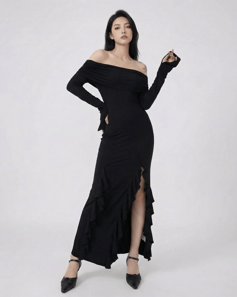 Raven Maxi Dress by Lauven - Off-Shoulder Asymmetrical Ruffle Dress with Flare Sleeves in black.