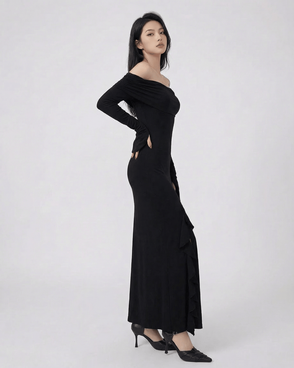 Raven Maxi Dress by Lauven - Off-shoulder asymmetrical ruffle dress with flare sleeves in black.