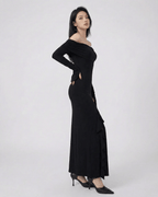 Raven Maxi Dress by Lauven - Off-shoulder asymmetrical ruffle dress with flare sleeves in black.