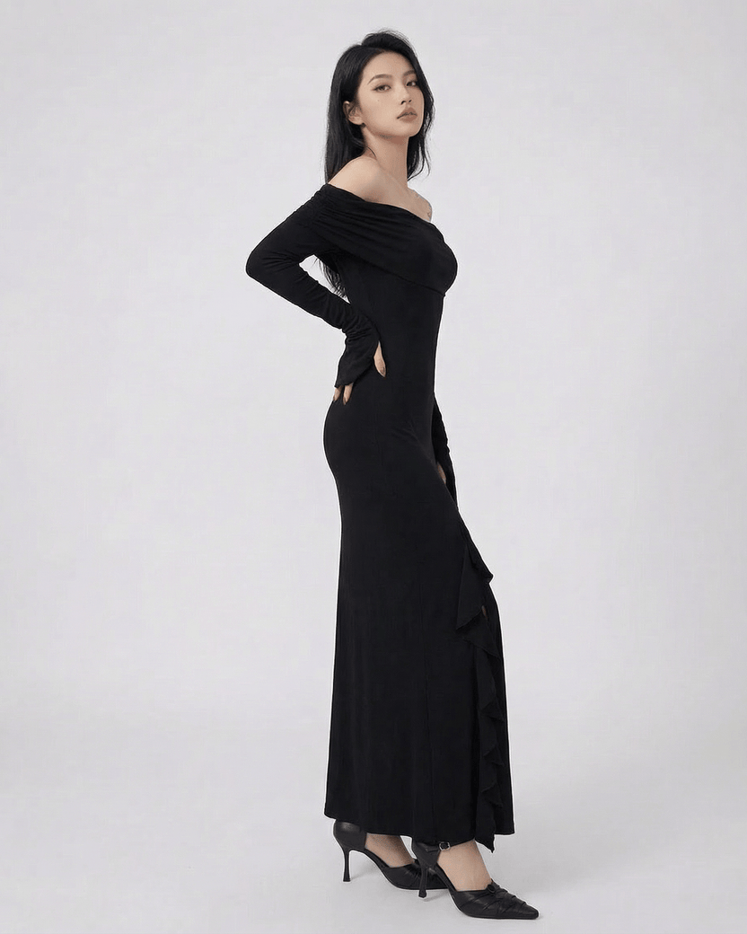 Raven Maxi Dress by Lauven - Off-shoulder asymmetrical ruffle dress with flare sleeves in black.