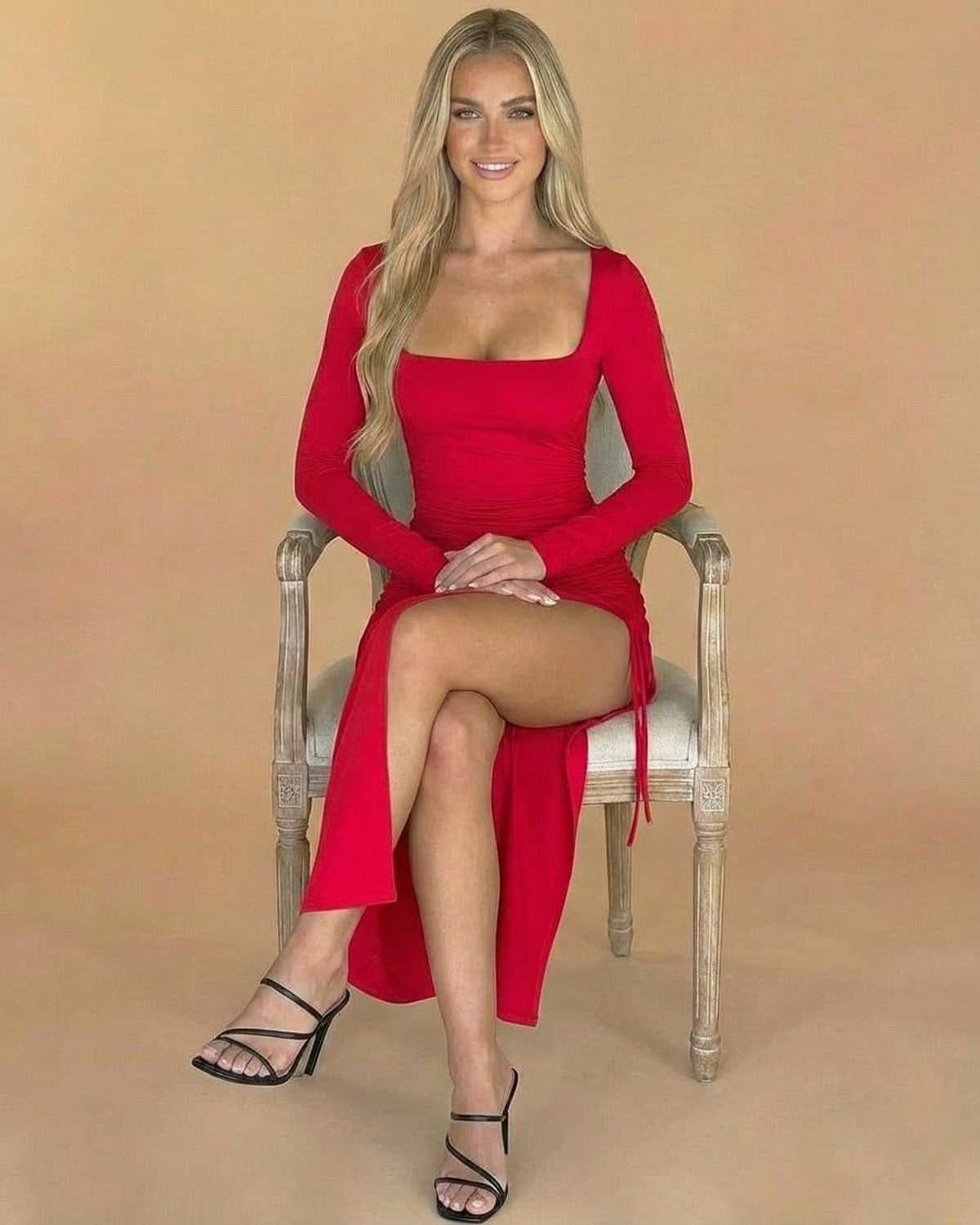 Ravenna Midi Dress by Lauven, square neck, long sleeve, red bodycon dress with slit, showcasing elegance and allure.