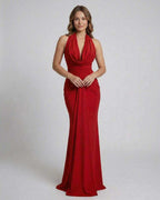 Elysia Maxi Dress by Lauven - Elegant red satin floor-length sheath dress with draped halter neck and empire waist.