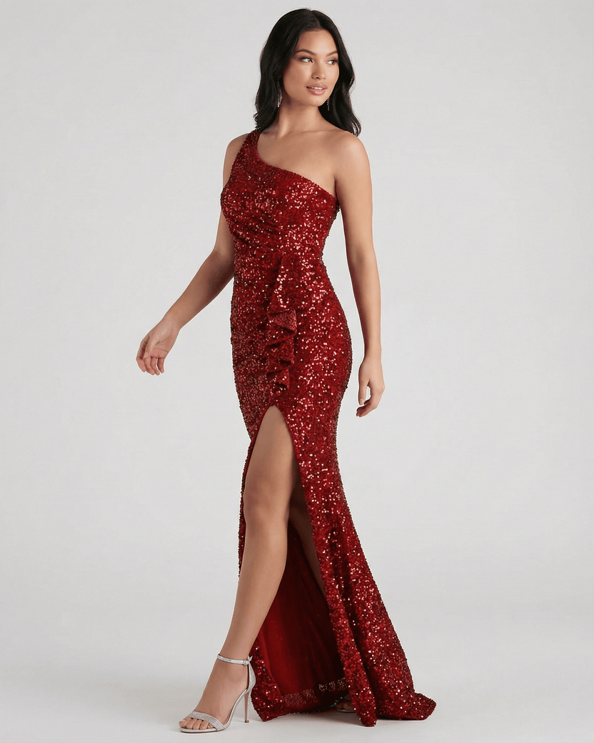 Catalina Maxi Dress by Lauven - Elegant red sequin one shoulder maxi dress with high slit and sculpted waist.