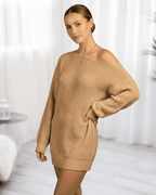 Lauven Luna Mini Dress in a cozy ribbed knit with off-the-shoulder design and long sleeves.