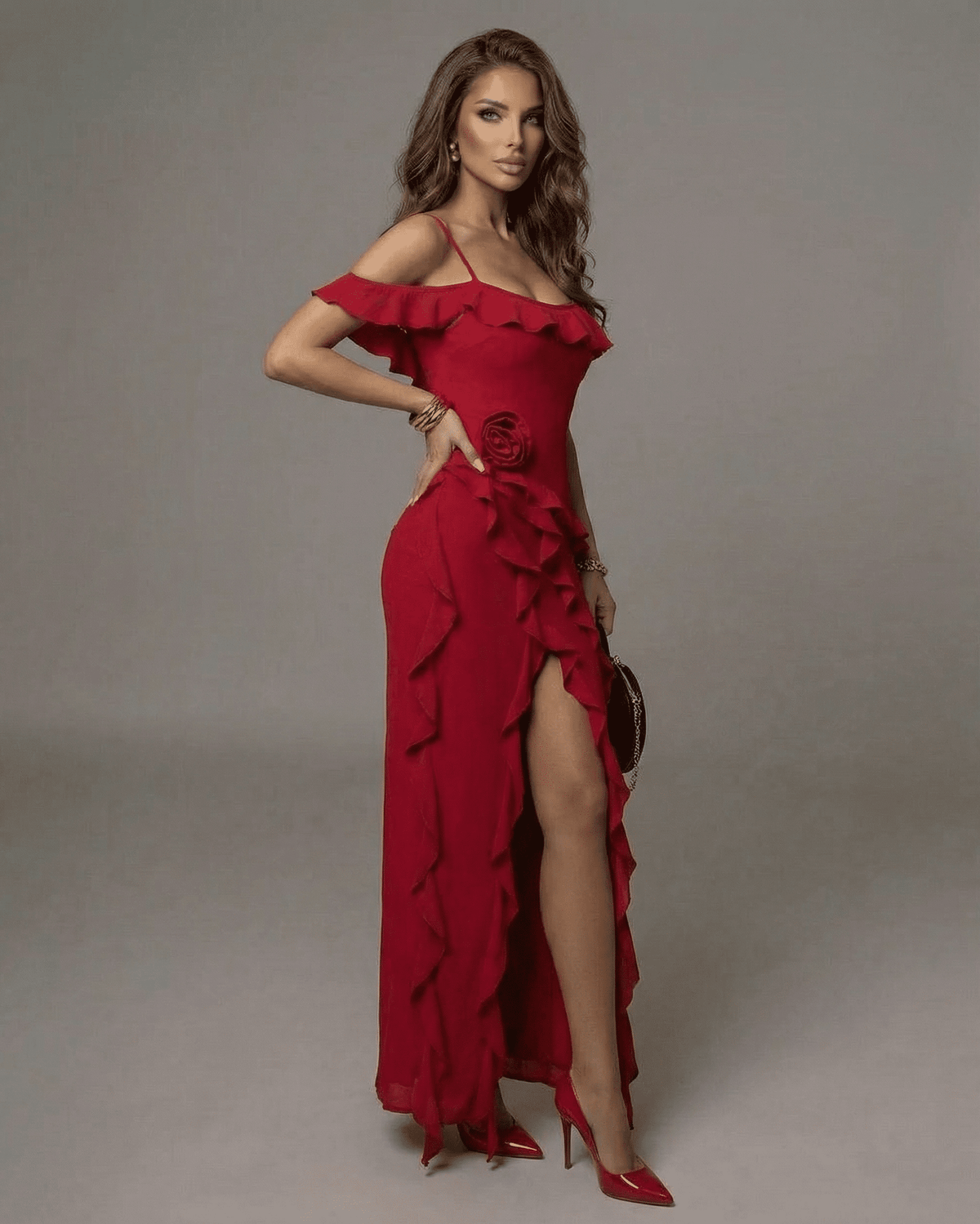 Rosalia Maxi Dress by Lauven, striking red ankle-length dress with ruffles and off-shoulder style.