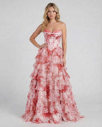 Rosalia Maxi Dress by Lauven, a romantic pink floral tiered chiffon gown with ruffles and a corset bodice.