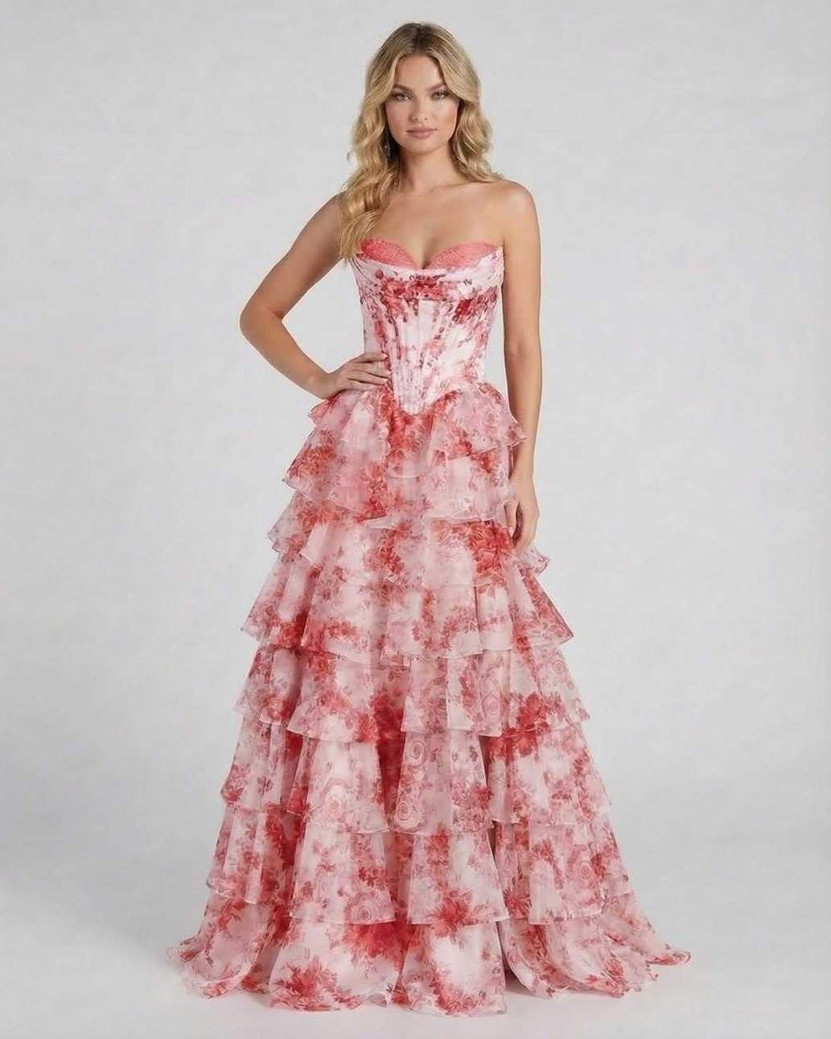 Rosalia Maxi Dress by Lauven, a romantic pink floral tiered chiffon gown with ruffles and a corset bodice.