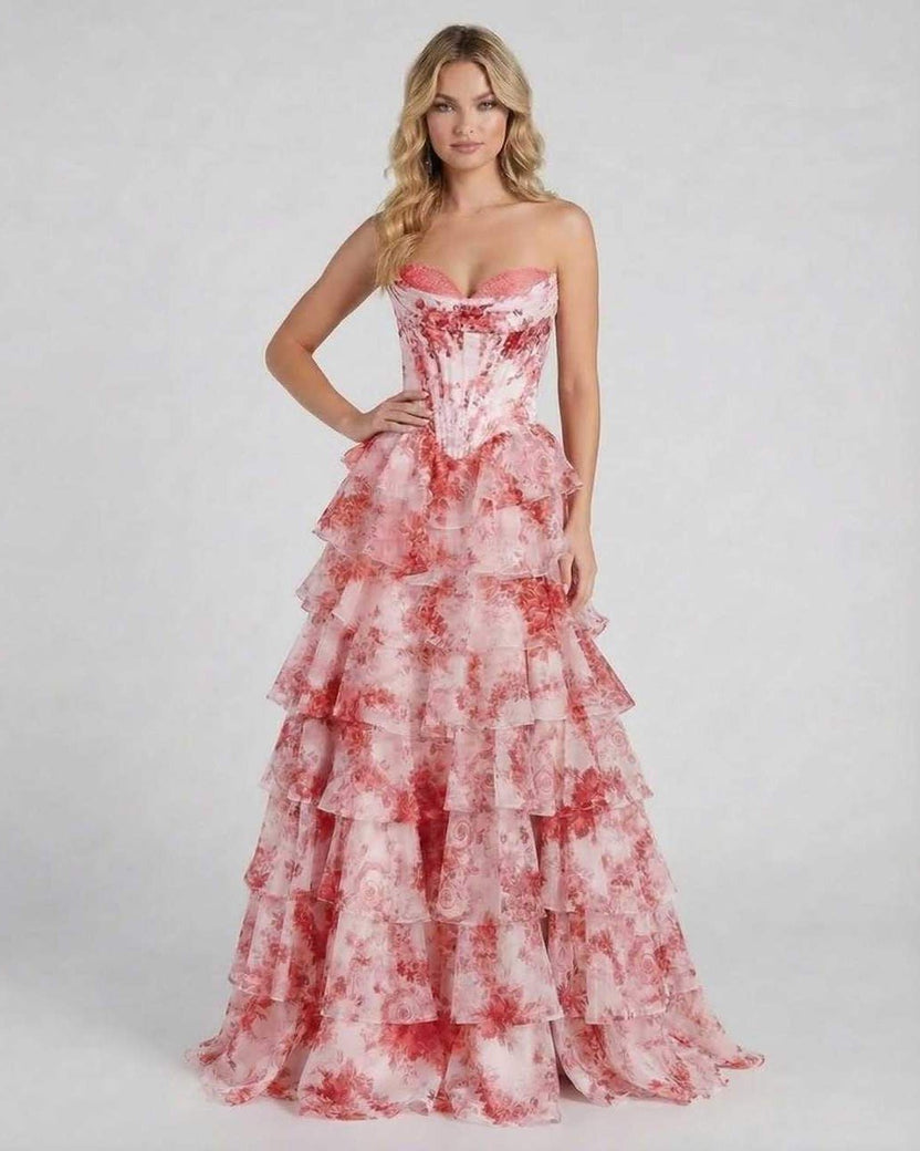 Rosalia Maxi Dress by Lauven, a romantic pink floral tiered chiffon gown with ruffles and a corset bodice.