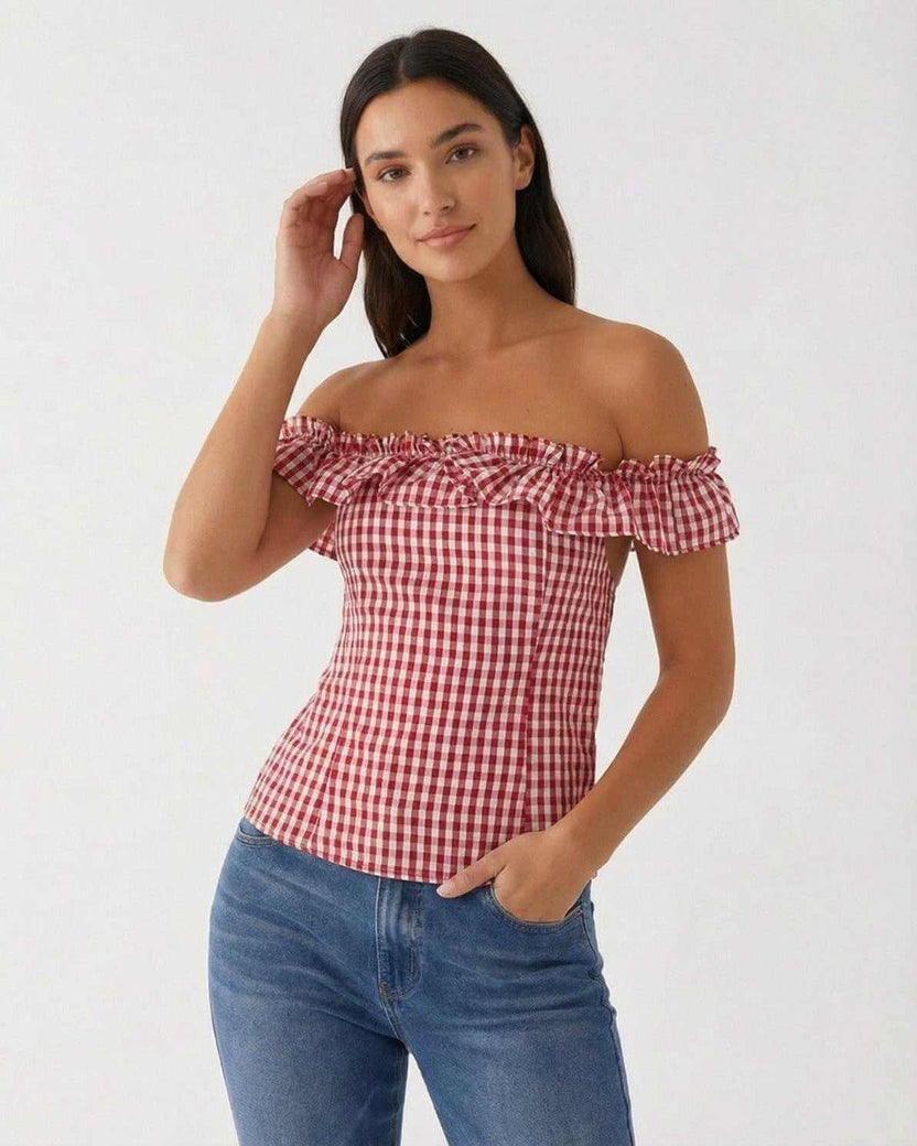 Rosalie Gingham Top by Lauven, women's red plaid off-shoulder summer top with a ruffled neckline.
