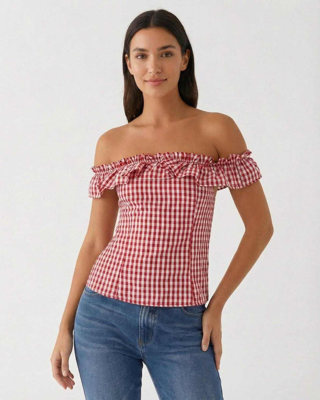 Rosalie Gingham Top by Lauven - Women’s red plaid off-shoulder slim fit summer top in a stylish gingham pattern.