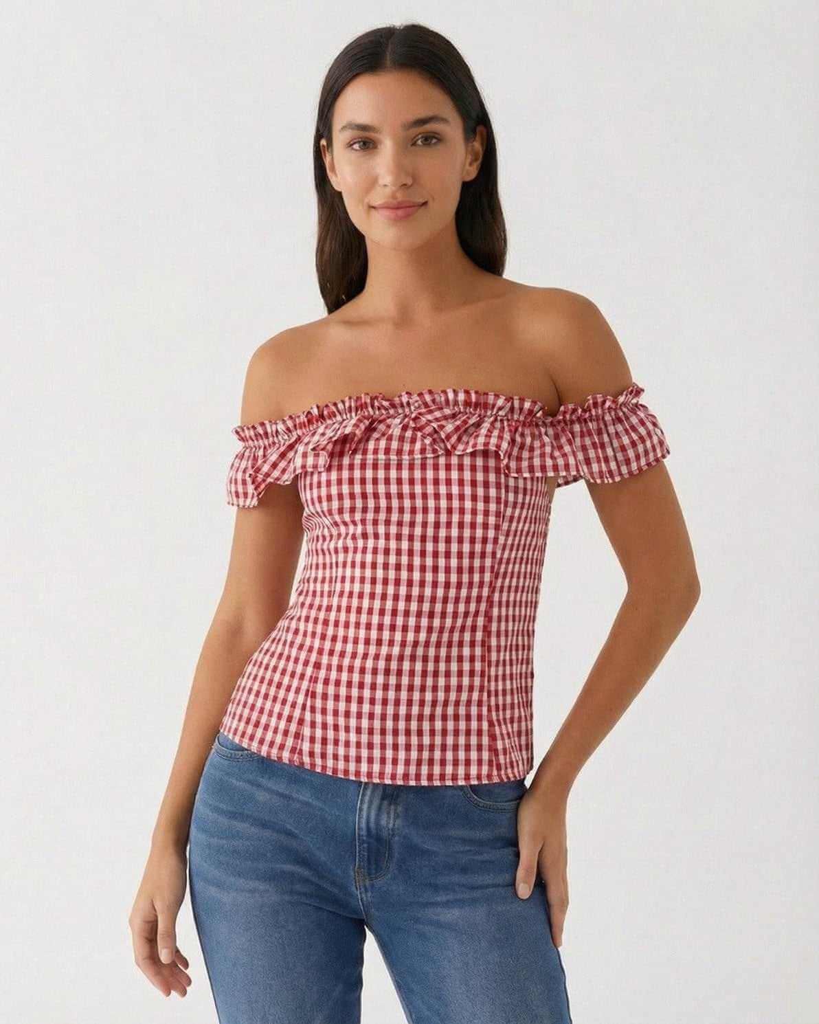 Rosalie Gingham Top by Lauven - Women’s red plaid off-shoulder slim fit summer top in a stylish gingham pattern.