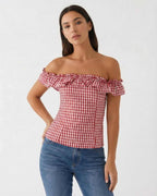 Rosalie Gingham Top by Lauven – Women’s red plaid off-shoulder slim fit summer top, featuring a charming gingham pattern.