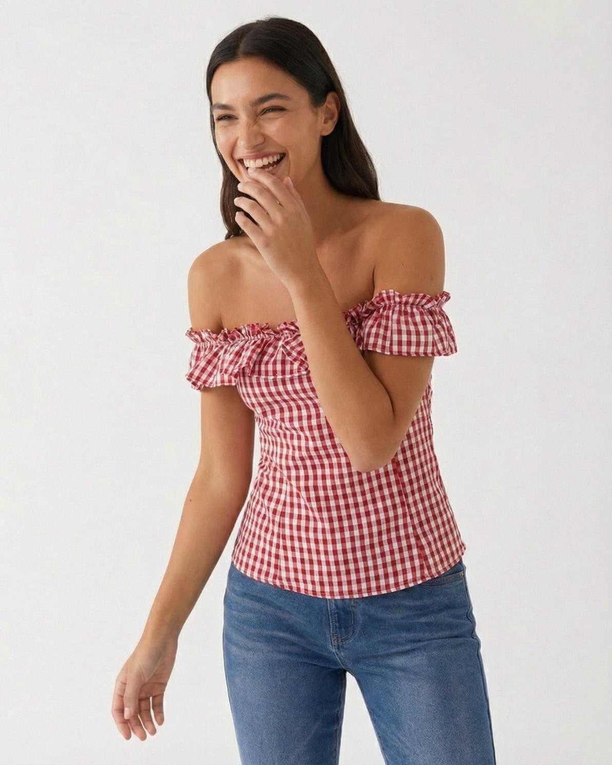 Rosalie Gingham Top by Lauven - Women's red plaid off-shoulder summer top for a playful look.