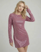 Rosé Mini Dress by Lauven in sequin bodycon style with long sleeves, perfect for evening events.