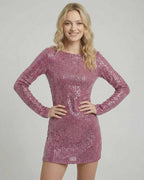 Lauven Rosé Mini Dress — Sequin bodycon mini with long sleeves, smooth fabric, and polished evening-ready look.