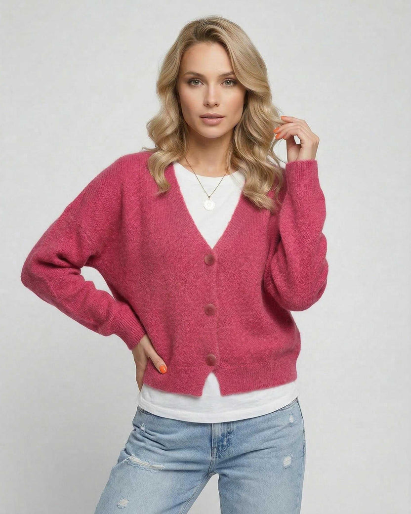Rosea Cardigan by Lauven - Vibrant pink knitwear with relaxed fit and button-down front.