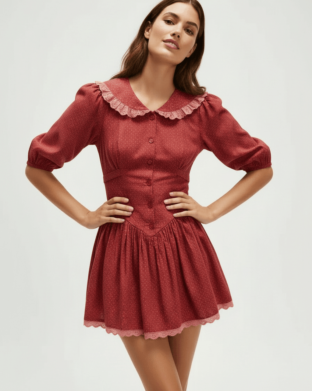 Rosette Mini Dress by Lauven featuring a Peter Pan collar and puff sleeves in a charming vintage-inspired style.