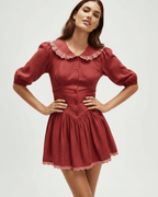 Rosette Mini Dress by Lauven featuring a Peter Pan collar and puff sleeves in a charming vintage-inspired style.