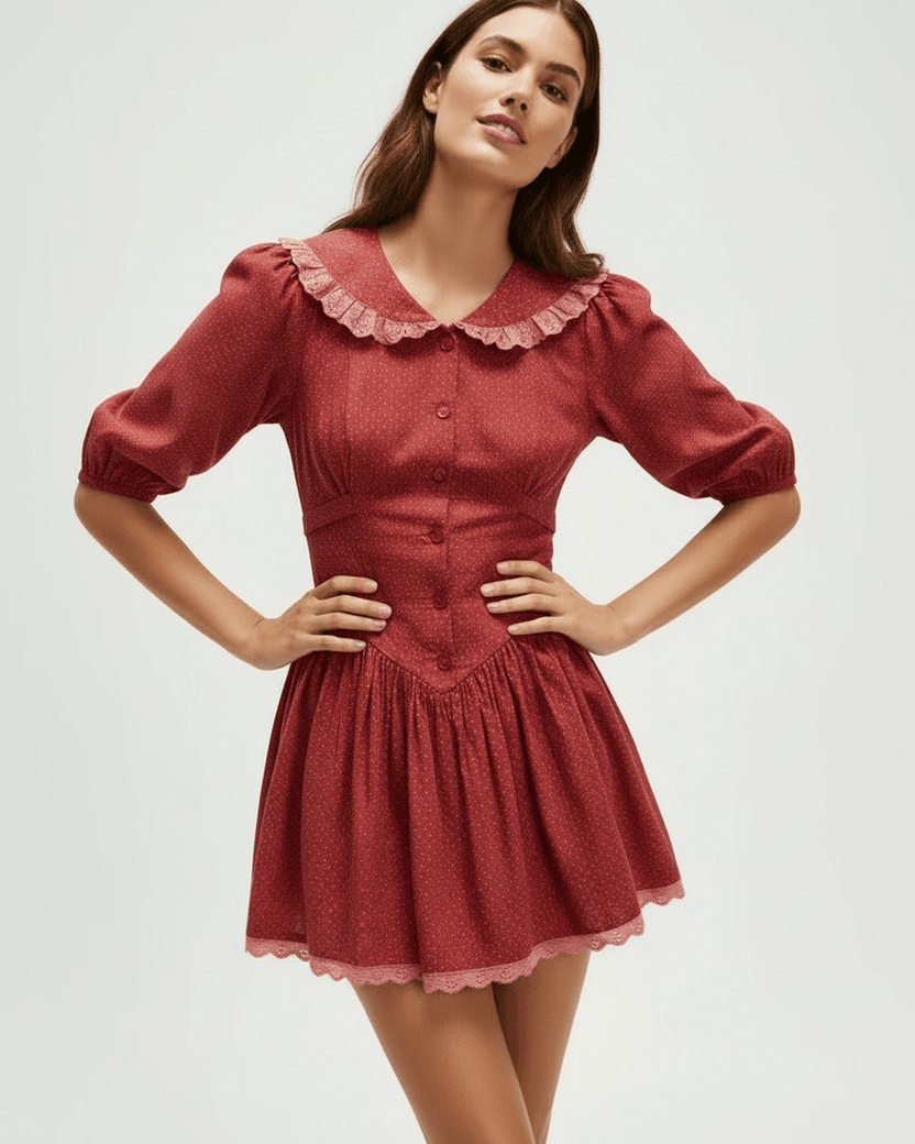 Rosette Mini Dress by Lauven featuring a Peter Pan collar and puff sleeves in a charming vintage-inspired style.