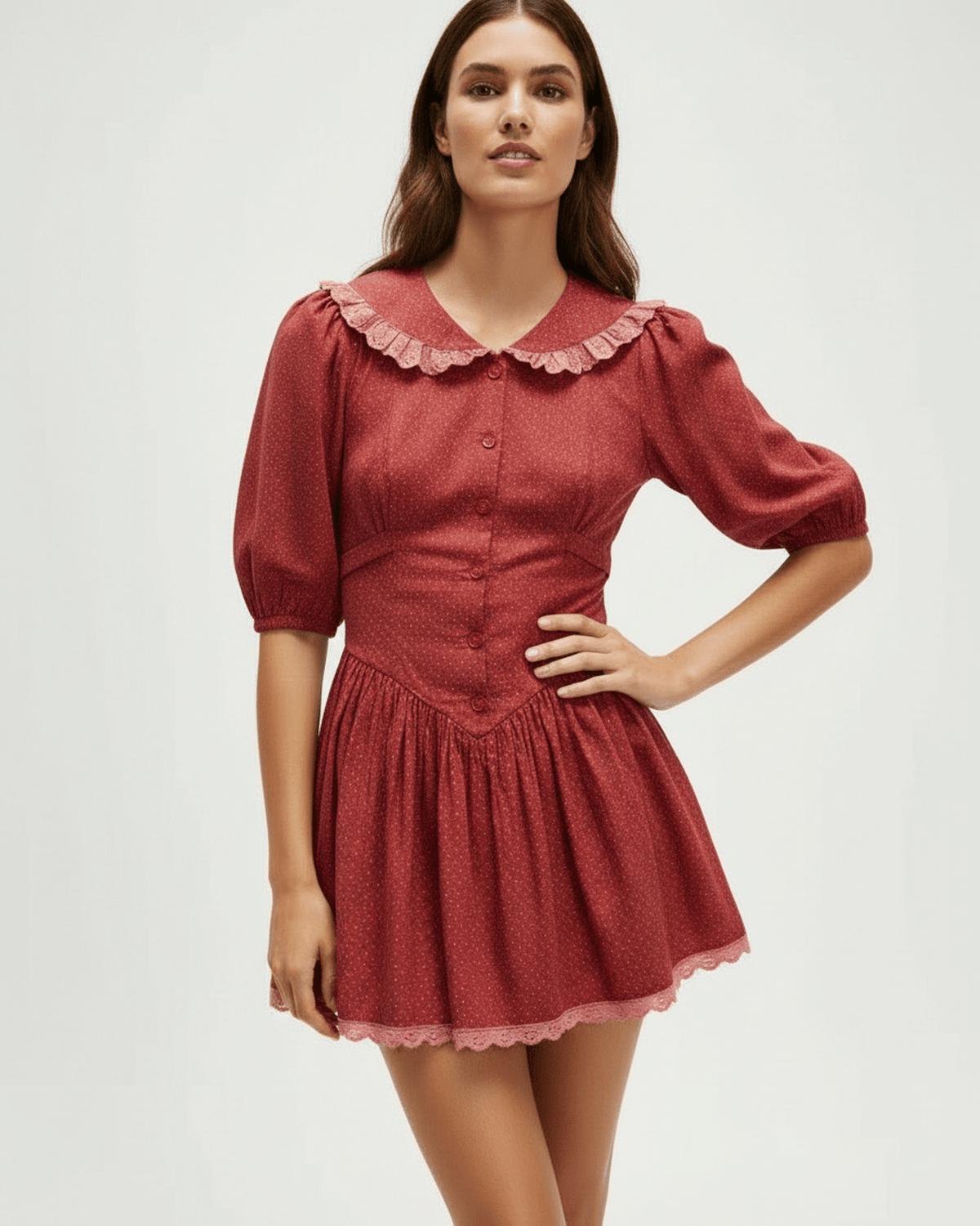Rosette Mini Dress by Lauven featuring a Peter Pan collar, puff sleeves, and delicate ruching details.