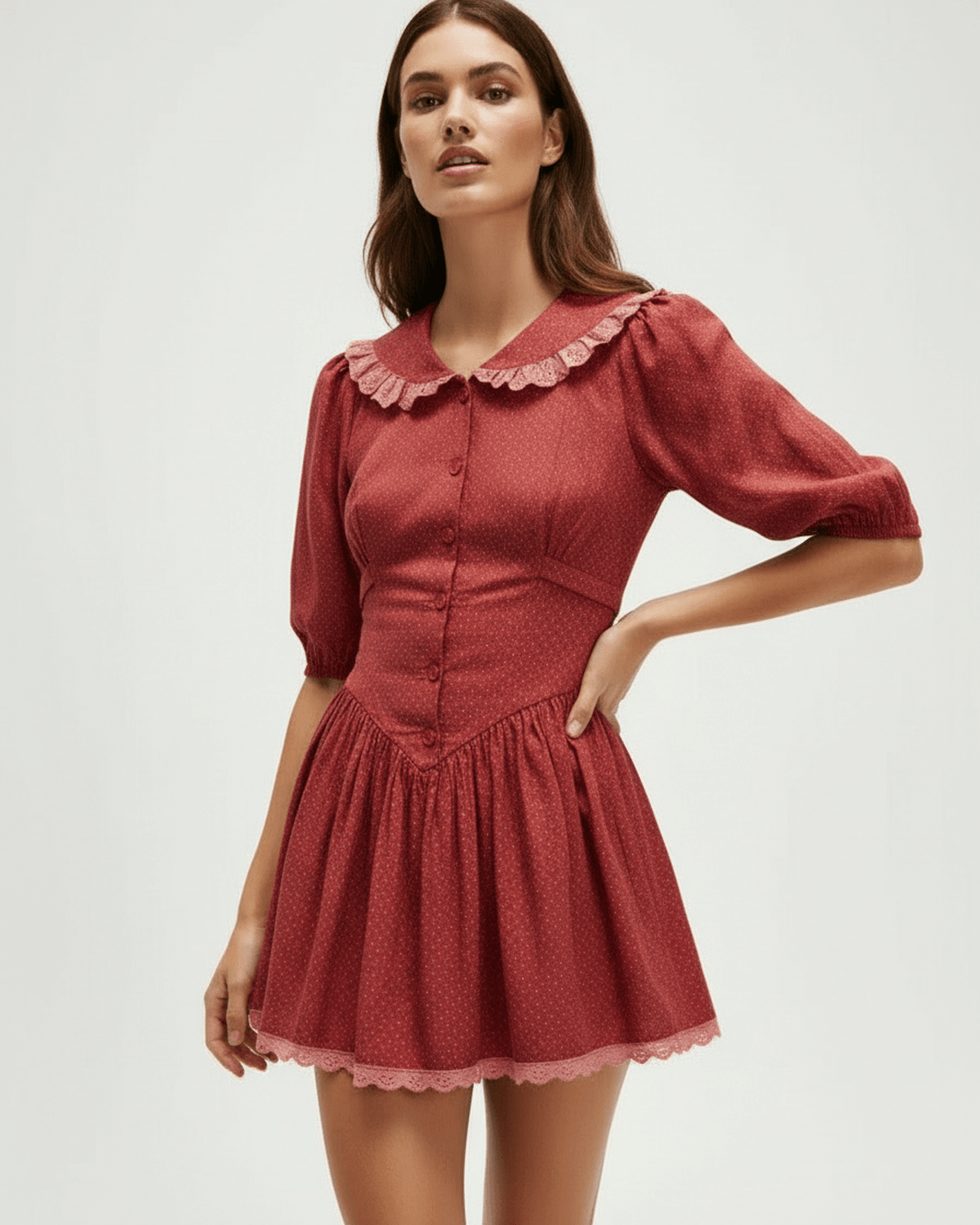 Rosette Mini Dress by Lauven featuring Peter Pan Collar and Puff Sleeves, in a charming vintage-inspired style.
