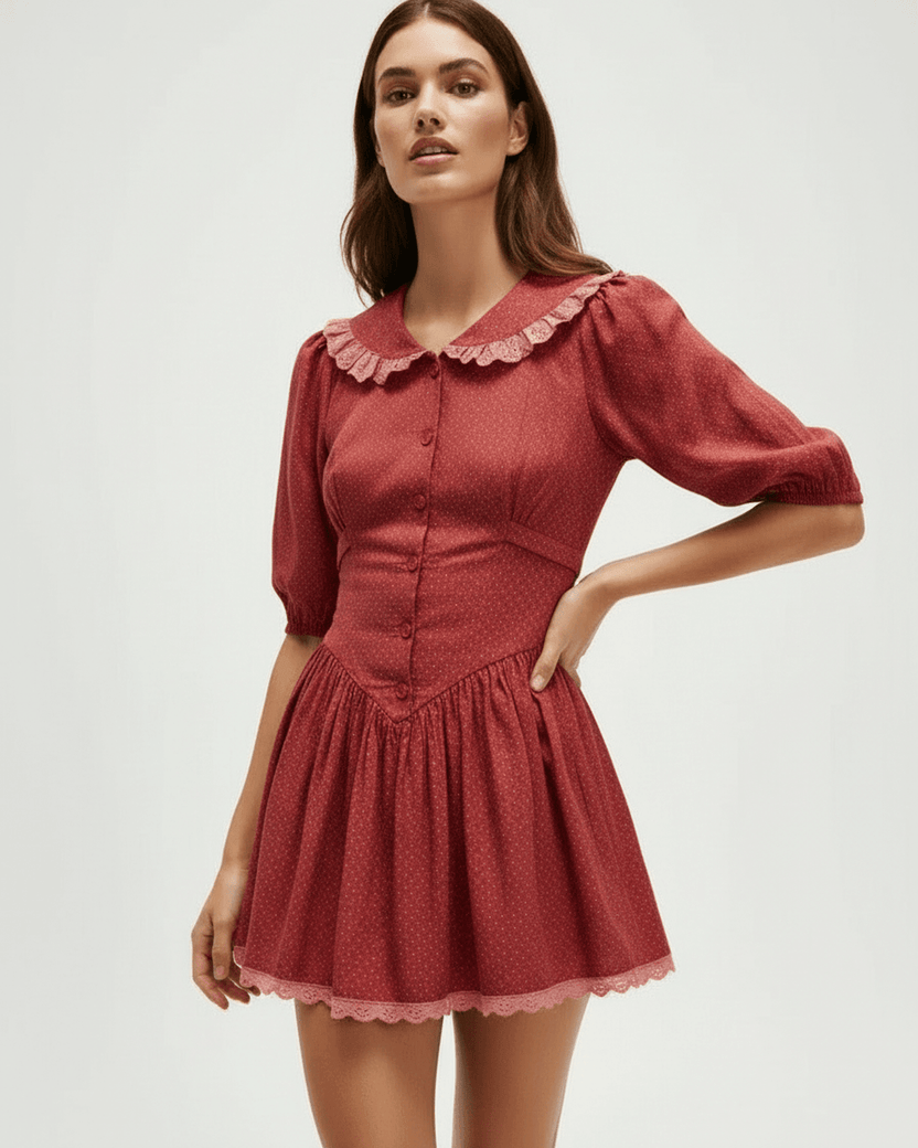 Rosette Mini Dress by Lauven featuring Peter Pan Collar and Puff Sleeves, in a charming vintage-inspired style.