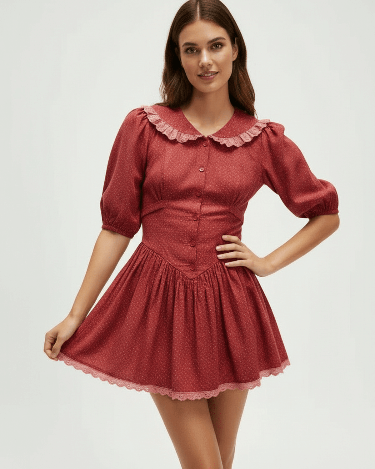 Lauven Rosette Mini Dress featuring Peter Pan collar and puff sleeves in a chic silhouette.