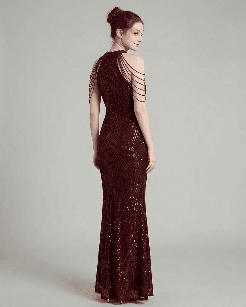 Ruby Maxi Dress by Lauven showcasing a stunning mermaid silhouette with halter neckline and intricate sequin detailing.