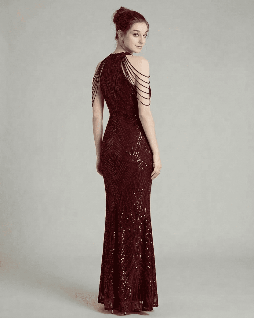 Elegant Ruby Maxi Dress by Lauven, showcasing a stunning sequin halter design with a mermaid silhouette.
