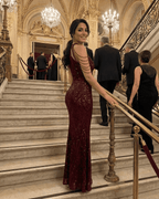 Ruby Maxi Dress by Lauven featuring a glamorous sequin halter mermaid design in deep red velvet.