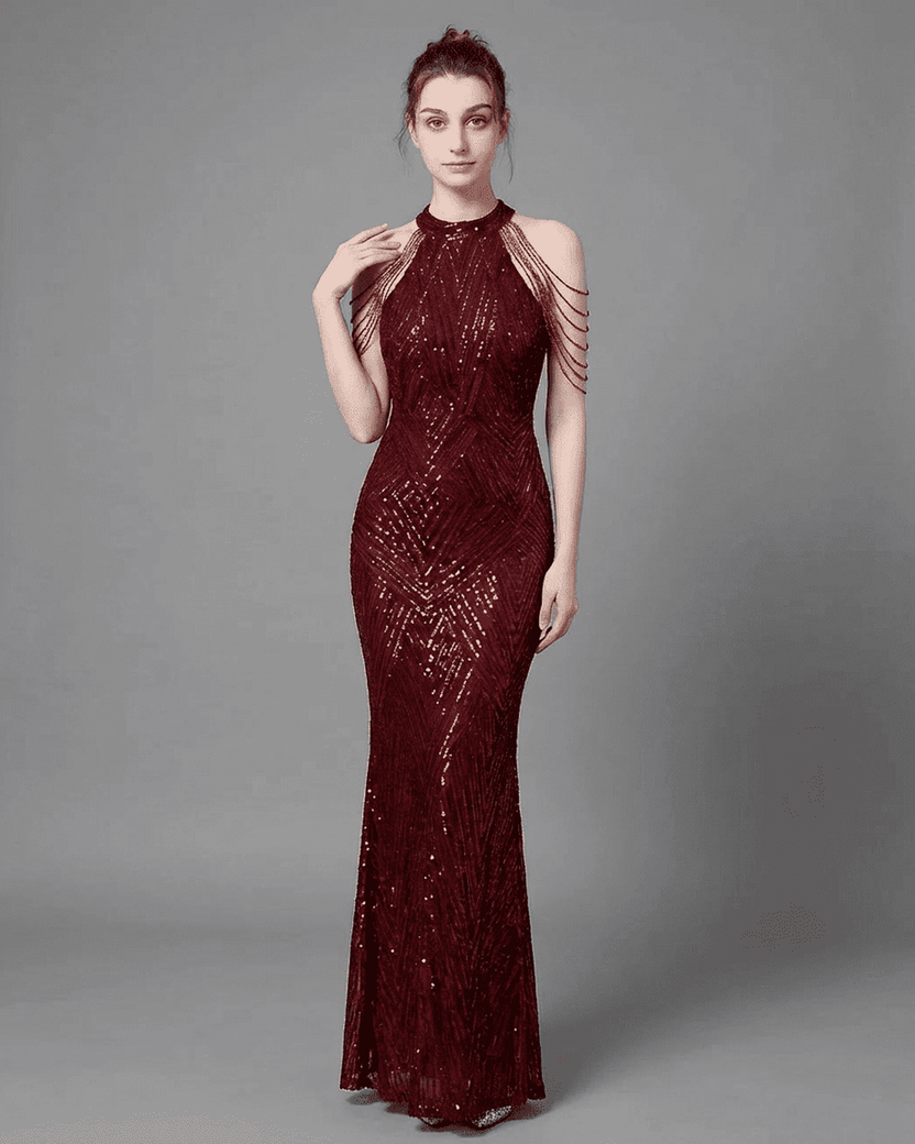 Ruby Maxi Dress by Lauven, a glamorous halter mermaid gown in deep red with sequins and elegant shoulder drapes.