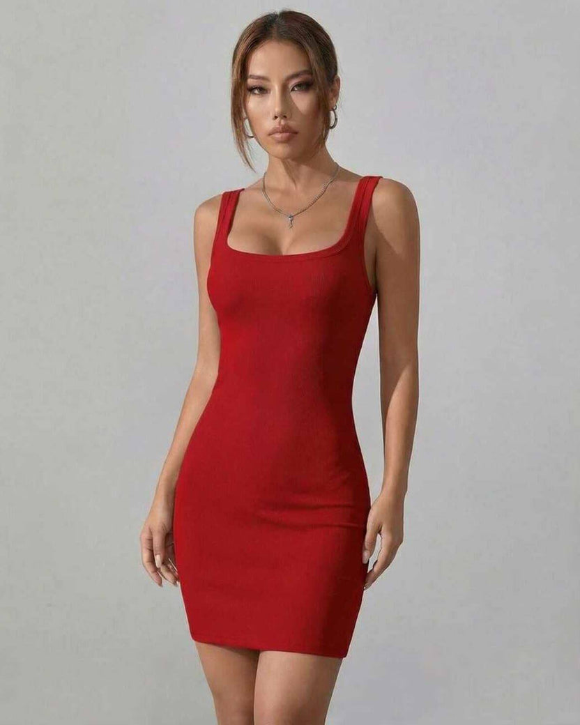 Ruby Mini Dress by Lauven in classic red ribbed knit, showcasing a flattering bodycon silhouette and square neckline.