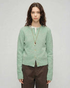 Sage Cardigan by Lauven – Women's green cardigan sweater with round neck and button front.